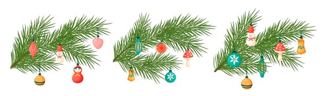 Rama de un árbol de Navidad con juguetes. Ilustración de Navidad. Adornos navideños en estilo de dibujos animados.