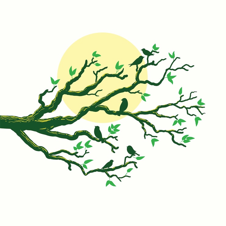 Vector rama de árbol con pájaros y vector de luna