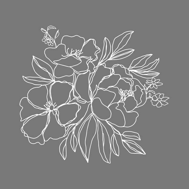 Rama de capullos de flores de peonía con hojas y flores pequeñas fondo de vector gris aislado