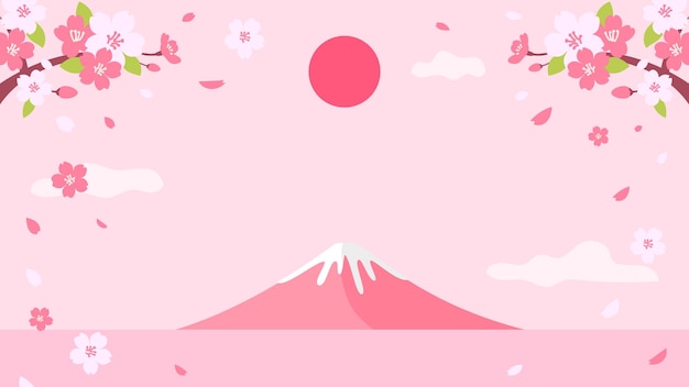 Rama de flores de cerezo con ilustración vectorial de fondo de la montaña Fuji