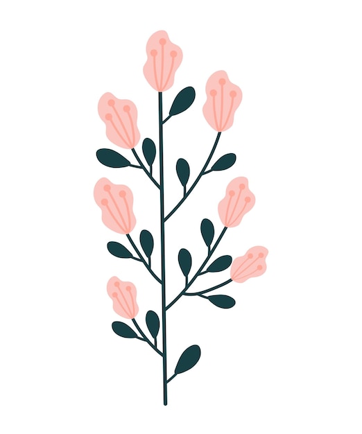 Una rama con flores rosadas y hojas verdes dibujadas a mano ilustración vectorial eps 10
