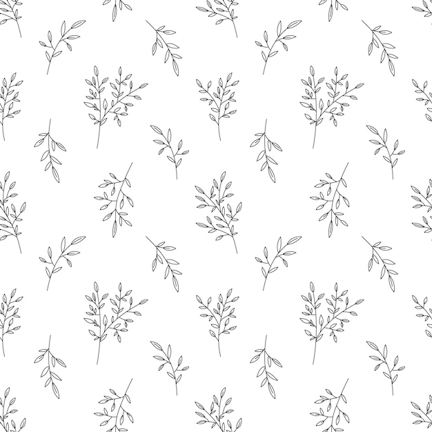 Rama frondosa de oliva de patrones sin fisuras línea negra Trazo editable planta vintage libro para colorear contorno imprimir árbol ramita arbusto floral textil hogar decoración cuidado natural cosmético papel pintado web envoltura telón de fondo