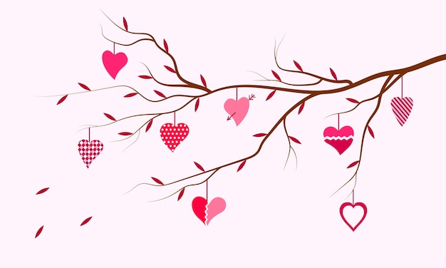 Rama con hojas y corazones colgantes. concepto de amor feliz. tarjeta de san valentín.