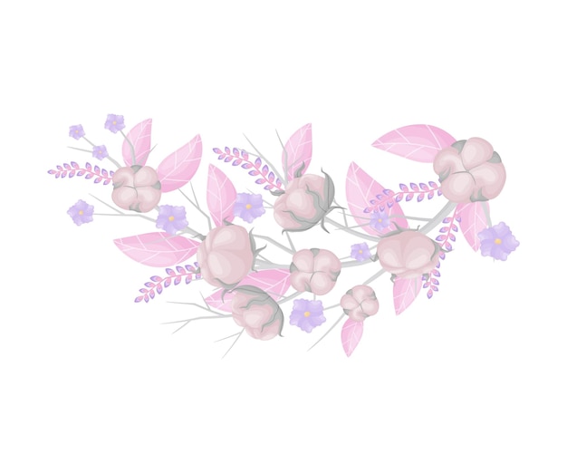 Rama larga de algodón rosa con frutas y hojas Ilustración vectorial sobre fondo blanco