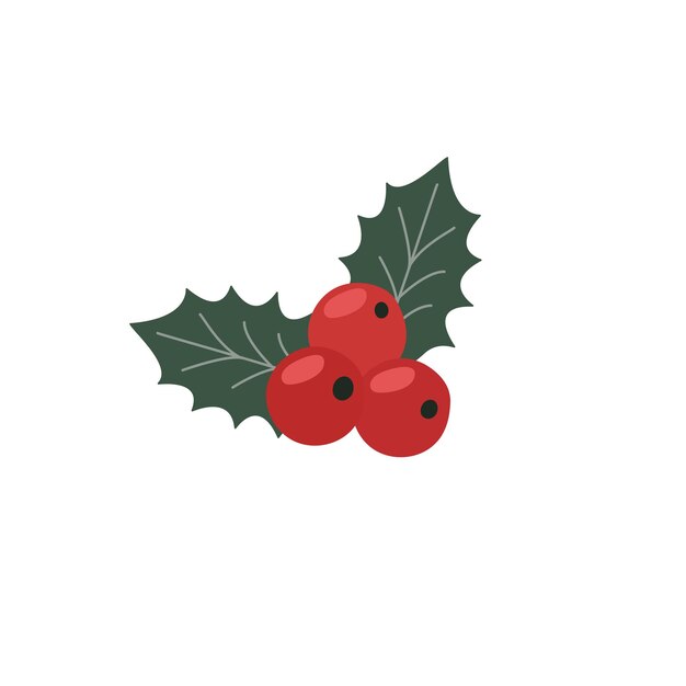 Rama de Navidad con bayas rojas sobre un fondo blanco en un elemento botánico de estilo plano y simple