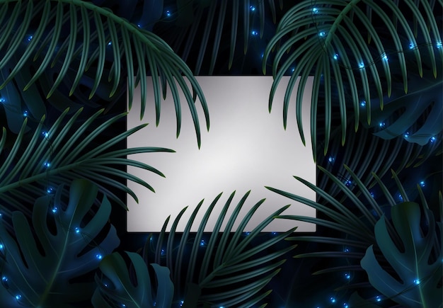 Rama de palma realista. Hojas y ramas de palmeras. Fondo de hojas tropicales. Follaje verde, patrón de hojas tropicales. papel marco texto en blanco. luces brillantes iluminadas de guirnaldas navideñas