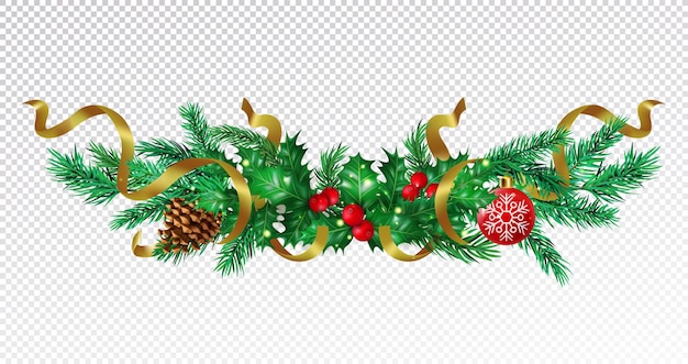 rama de pino realista guirnalda de Navidad xmas oropel frontera poinsettia hoja de flor decoración de vacaciones de Holly decoración de cinta dorada marco vectorial aislado exacto elemento aislado 3d