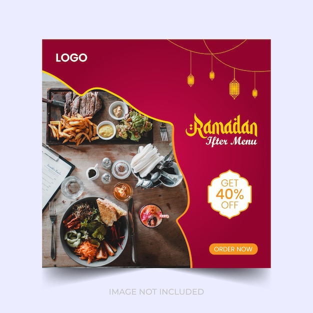 Ramadán Buffet Iftar Banner de publicación en redes sociales. Ramadan Theme Food Delivery Square Banner con Lanter