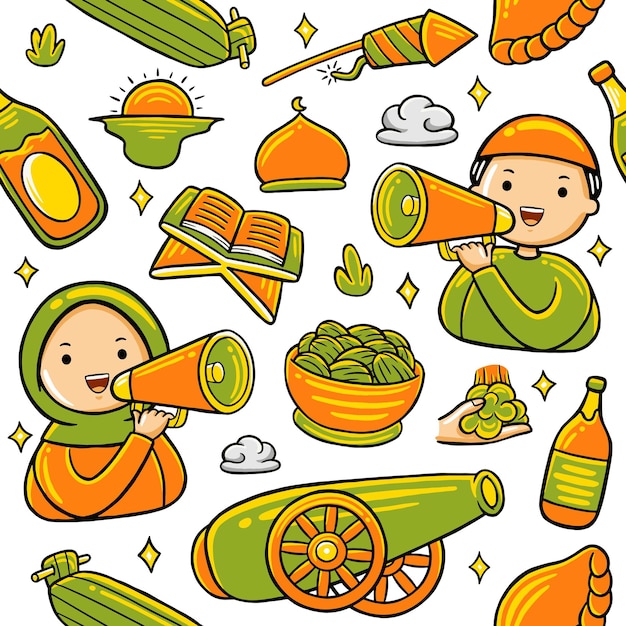 Ramadán Doodle estilo vectorial de patrones sin fisuras