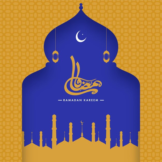 Ramadán dorado kareem caligrafía árabe texto contra silueta mezquita media luna linternas colgando en fondo azul y amarillo