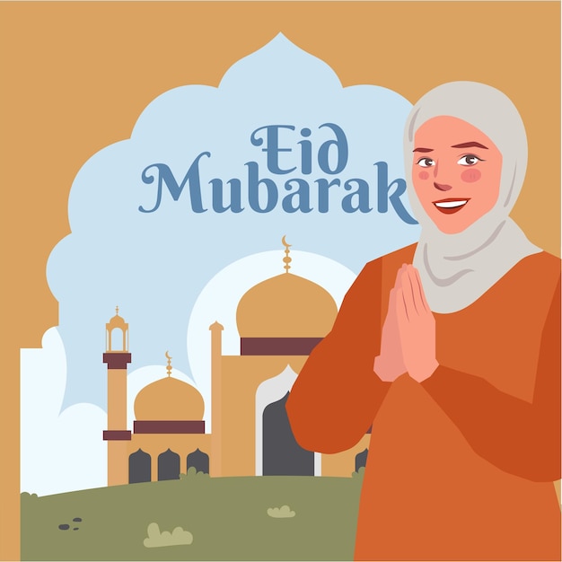 Ramadán Eid Mubarak mujer hijab saludos ilustración