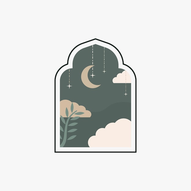 Ramadan Eid Mubarak post art con arco Boho Patrón islámico moderno Tarjeta con torres de mezquita árabe y luna Fiesta religiosa Paisaje nocturno
