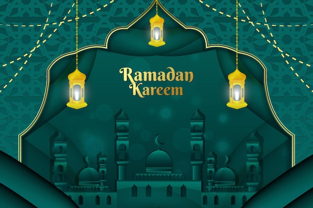 Ramadán fondo islámico color verde y dorado con mezquita