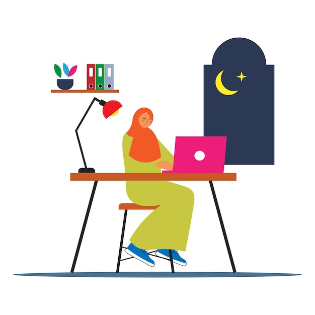 Ramadán ilustración plana de una joven musulmana que trabaja en una laptop en la oficina