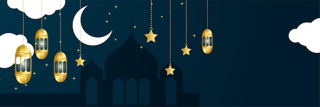 Ramadán islámico kareem banner fondo con patrón de media luna luna estrella mezquita linterna Vector ilustración Ramadhan linterna azul oscuro oro colorido ancho banner diseño fondo