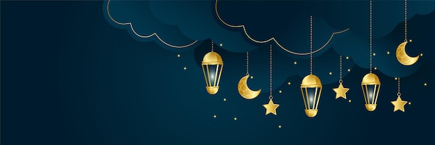 Vector ramadán islámico kareem banner fondo con patrón de media luna luna estrella mezquita linterna vector ilustración ramadhan linterna azul oscuro oro colorido ancho banner diseño fondo