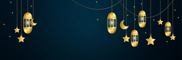 Ramadán islámico kareem banner fondo con patrón de media luna luna estrella mezquita linterna Vector ilustración Ramadhan linterna azul oscuro oro colorido ancho banner diseño fondo