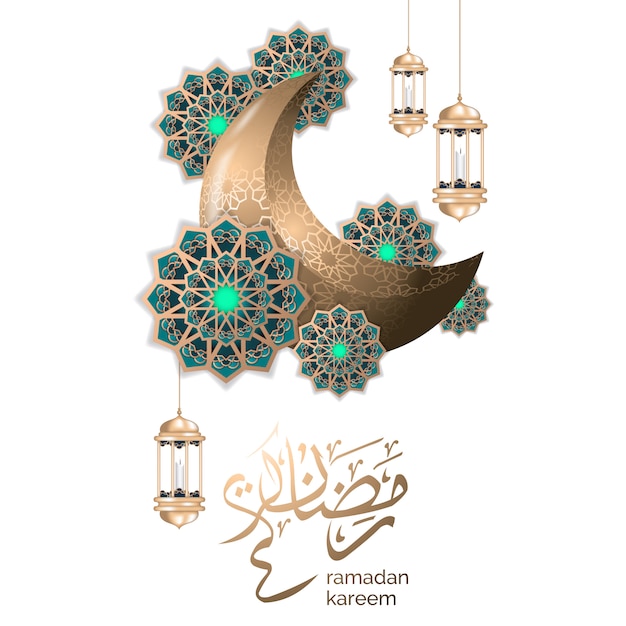 Ramadán islámico saludo con luna creciente y linterna de oro