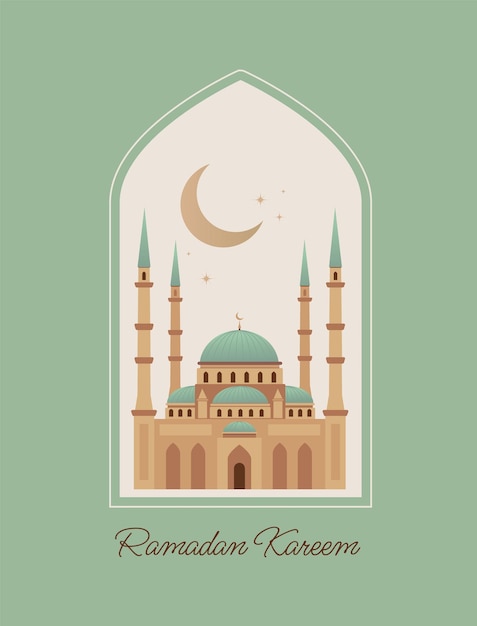 Ramadan kareem 1443 ilustración vectorial Fondo con mezquita y media luna