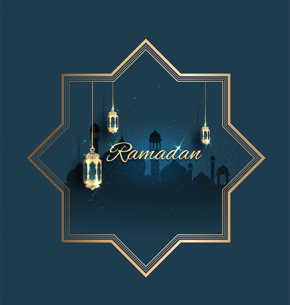 Ramadan kareem con adornos dorados.