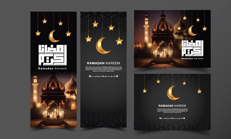 Ramadan kareem en árabe Tarjeta de felicitación de caligrafía Linterna de oro y luna publicación en las redes sociales