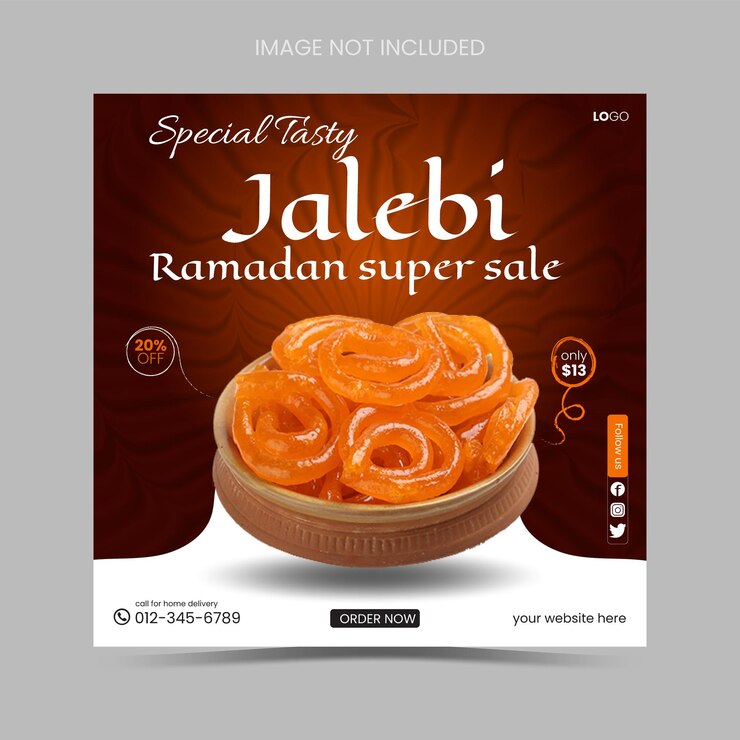 Ramadán Kareem banner de comida y plantilla de diseño de publicación en redes sociales jalebi