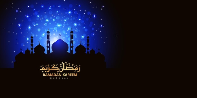 Ramadan kareem banner de fondo islámico con mezquita isra miraj y estrellas brillantes