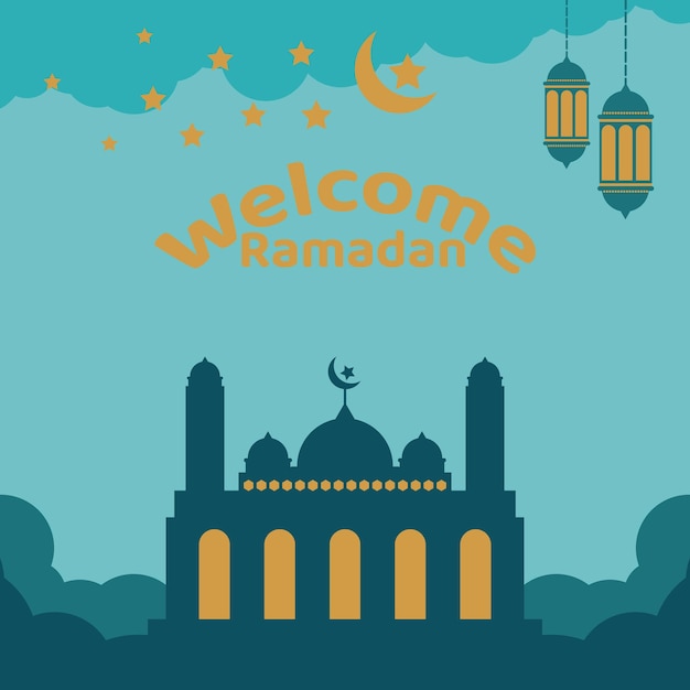 Ramadan kareem banner con nubes y estrellas en el fondo del cielo nocturno ilustración vectorial linternas tradicionales y lugares para su texto