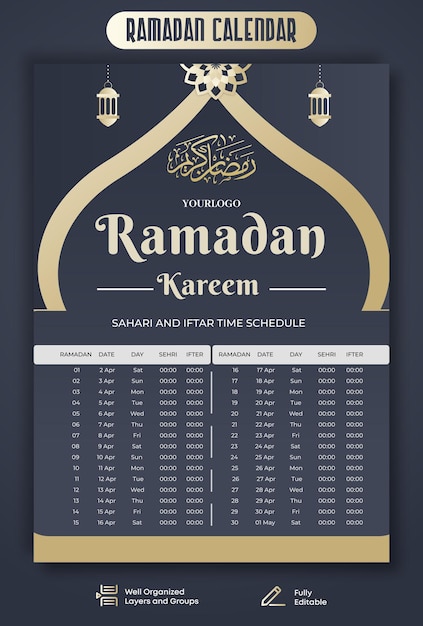 Vector ramadan kareem calendar plantilla premium ramadan iftar y sehri time table