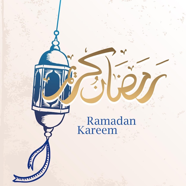 Ramadán kareem caligrafía árabe y linterna tradicional para el fondo de saludo de la comunidad islámica