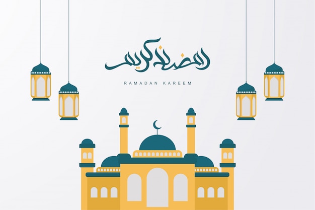Ramadán kareem caligrafía árabe con mezquita y linterna
