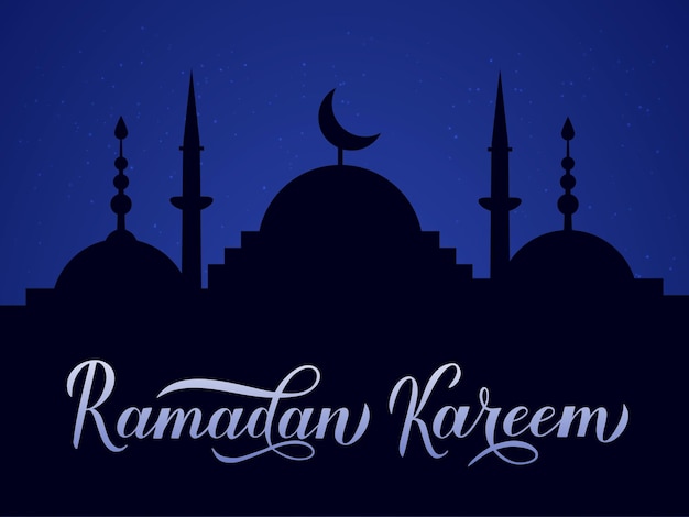Ramadan Kareem caligrafía letras y silueta de la mezquita contra el cielo nocturno concepto del mes sagrado musulmán plantilla vectorial para el cartel de felicitación tradicional islámico cartel volante invitación de bandera