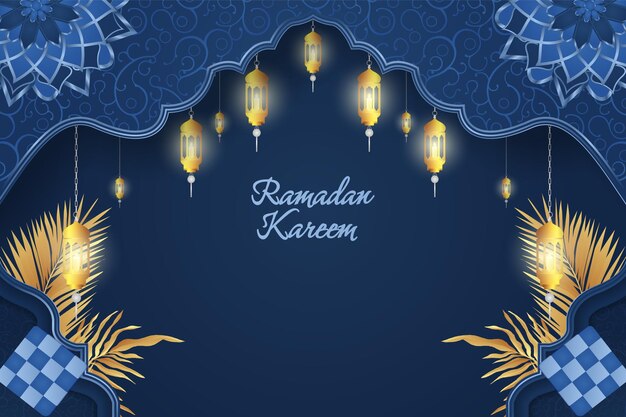 Ramadan Kareem color azul islámico con hoja de adorno