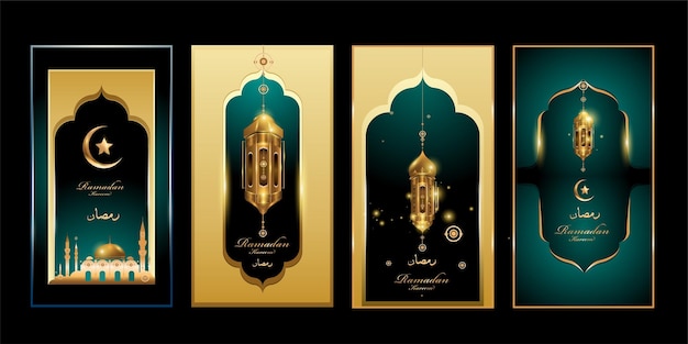 Ramadan kareem en color verde y dorado con ilustración de linterna y mezquita