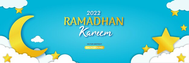 Ramadan Kareem Concept Banner o plantilla de cupón con Papercut Gold Moon Clouds and Stars on Blue