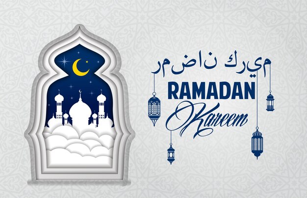 Ramadán Kareem corte de papel de la ventana de la mezquita musulmana