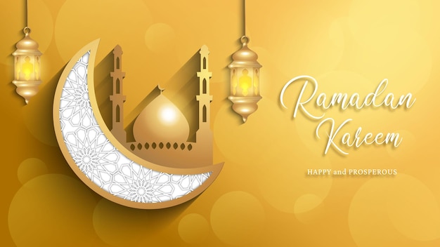 Ramadan Kareem Crescent Moon y Mosque en Gold Gradient Abstract Background Plantilla de banner