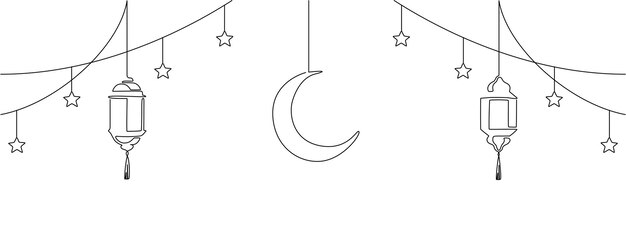 Ramadán kareem en un dibujo de línea continua decoración garlang islámica con estrella de linterna y luna en estilo lineal simple celebración de festividad religiosa musulmana trazo editable vector de contorno