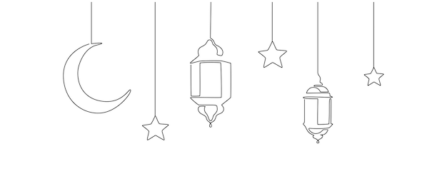 Ramadán kareem en un dibujo de línea continua Decoración islámica con estrella y luna de linterna en estilo lineal simple Celebración de festividades religiosas árabes Trazo editable Doodle ilustración vectorial