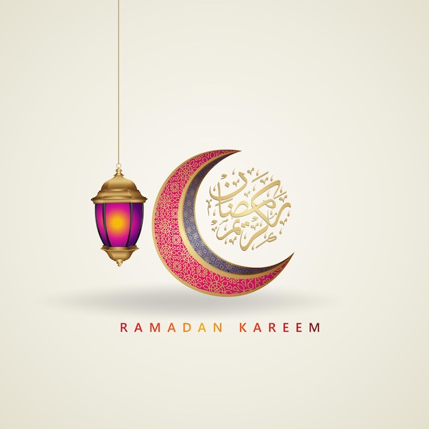 Ramadán kareem de diseño lujoso con caligrafía árabe, luna creciente, linterna tradicional y fondo islámico de luna creciente.