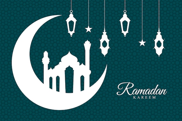 Vector ramadan kareem diseño de saludo de caligrafía árabe cúpula de mezquita de línea islámica con patrón clásico