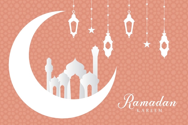 Vector ramadan kareem diseño de saludo de caligrafía árabe cúpula de mezquita de línea islámica con patrón clásico