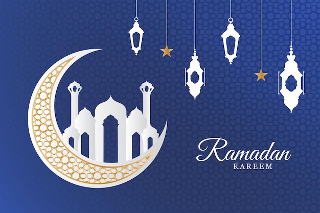 Vector ramadan kareem diseño de saludo de caligrafía árabe cúpula de mezquita de línea islámica con patrón clásico