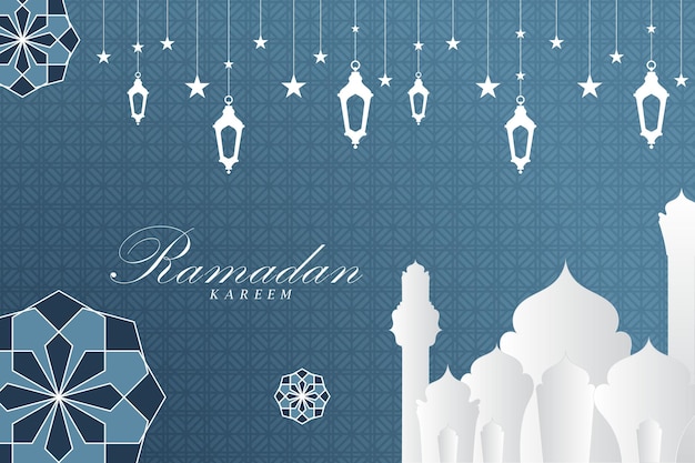 Vector ramadan kareem diseño de saludo de caligrafía árabe cúpula de mezquita de línea islámica con patrón clásico