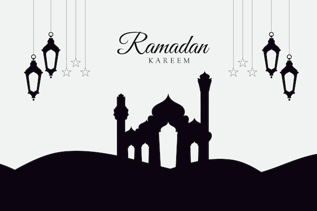 Vector ramadan kareem diseño de saludo de caligrafía árabe cúpula de mezquita de línea islámica con patrón clásico