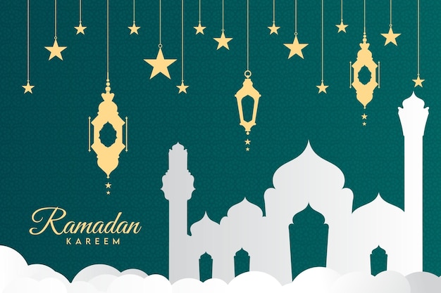 Vector ramadan kareem diseño de saludo de caligrafía árabe cúpula de mezquita de línea islámica con patrón clásico