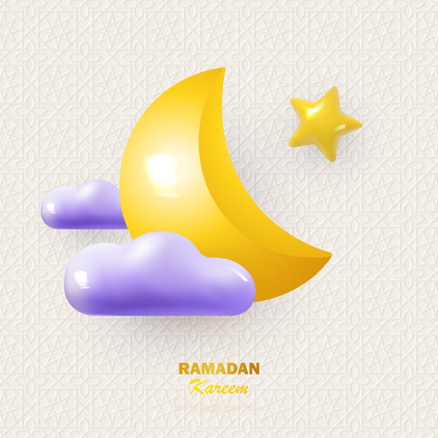 Ramadán kareem diseño de vacaciones luna creciente de fondo con estrellas doradas y nubes lilas bandera festiva cartel folleto folleto postal vector