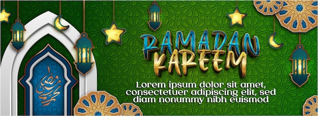 Ramadán kareem efecto de texto y banner vector premium