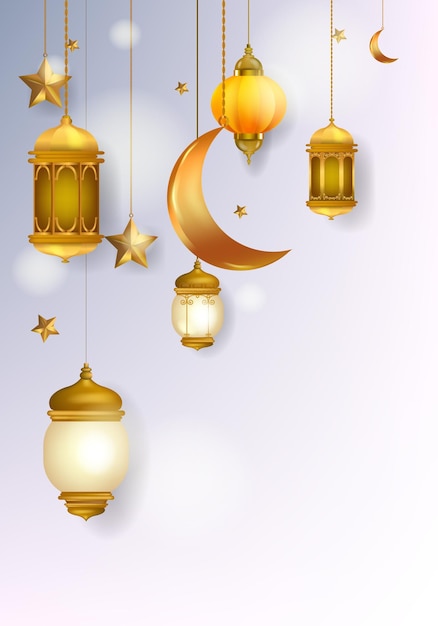 Ramadan Kareem Eid Mubarak diseño islámico con lámparas estrellas en diseño de fondo blanco y gris