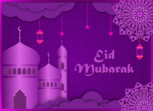 Ramadán kareem y eid mubarak papel estilo ilustración vector